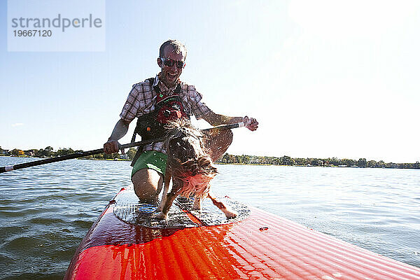 Tiefwinkelperspektive eines Mannes  der mit seinem Hund im Stehen paddelt und lacht  während er das Wasser abschüttelt.