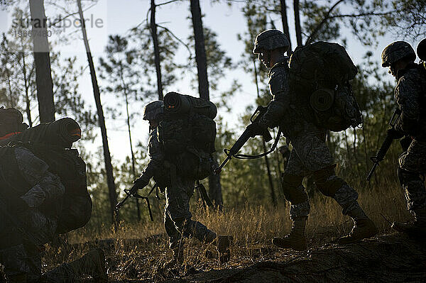 Während einer Feldübung patrouillieren Soldaten durch den Wald.