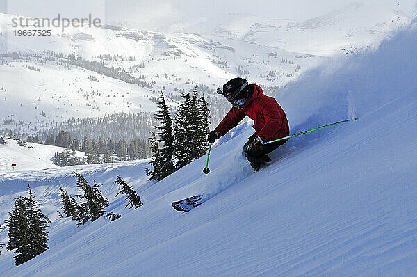 Ein Mann beim Skifahren an einem Powder-Tag in einem Bergresort in der Nähe von South Lake Tahoe  Kalifornien.