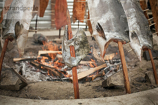 Lachs wird auf Spießen rund um eine Feuerstelle gegart. Celilo  Oregon