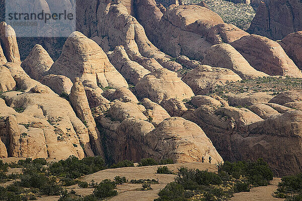 Zwei Mountainbiker fahren zwischen Felsflossen in der Nähe von Moab  Utah.