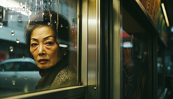 Eine ältere asiatische Frau schaut durch ein Stadtfenster