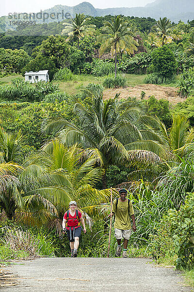 Eine Frau und ihr Führer wandern Abschnitt 3 des Waitukubuli National Trail auf der Karibikinsel Dominica.
