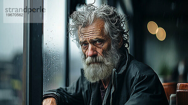 Ein Porträt eines Obdachlosen drinnen