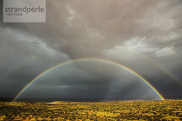 Über einer Wüstenlandschaft leuchtet ein doppelter Regenbogen.