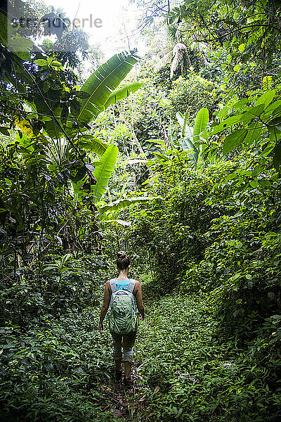 Eine Frau geht während eines Abenteuers in Puerto Rico einen Pfad im Wald entlang.