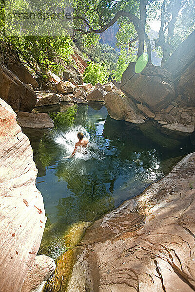 Mann springt in Pool  Zion Nationalpark  Utah.