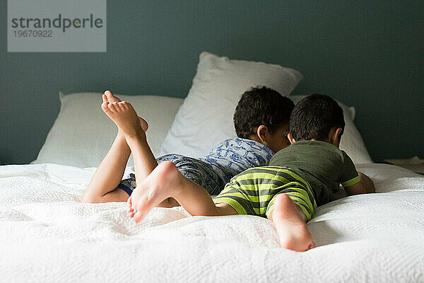 Jungen lesen ein Buch auf einem gemütlichen Bett.