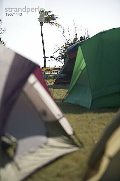 Wind weht durch eine Gruppe Zelte auf einem Campingplatz.