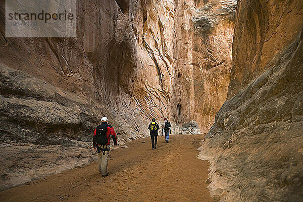 Drei Wanderer im Canyon  Arches Nationalpark  Moab  Utah.