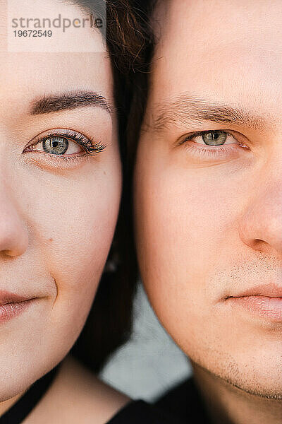 Nahaufnahmeporträt von zwei Gesichtern eines verliebten Paares