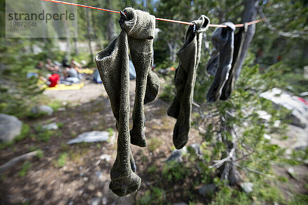 Socken hängen zum Trocknen  nachdem die Truppe am dritten Tag ihrer Wanderung durch die Eagle Cap Wilderness im Nordosten Oregons in ihrem Lager am Douglas Lake Wäsche gewaschen hat.