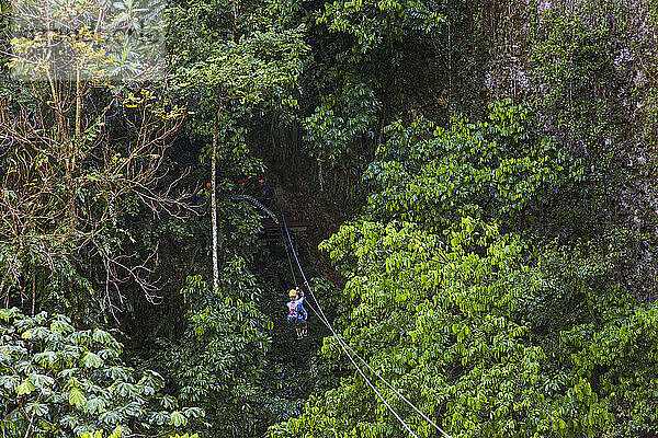 Eine junge Frau fährt mit einer Seilrutsche durch einen Wald in Puerto Rico.