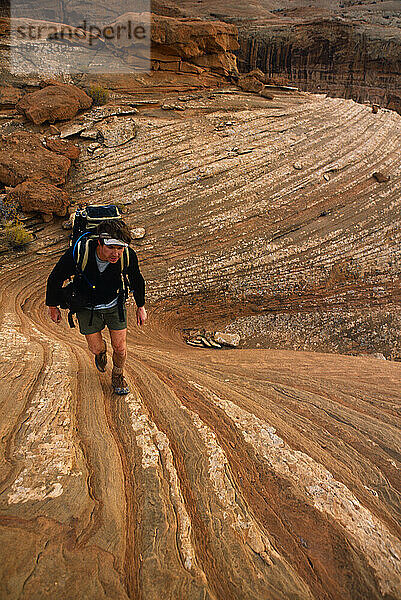 Mann beim Wandern in der Wüste  Robbers Roost  Utah