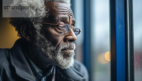 Nahaufnahme eines älteren schwarzen Mannes  der aus einem Fenster schaut
