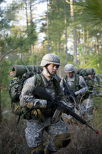 Während einer Feldübung patrouillieren Soldaten durch den Wald.