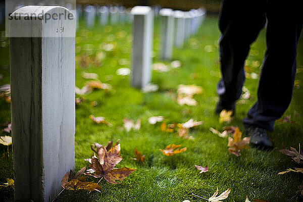 Ein junger Mann geht zwischen den mit Herbstblättern geschmückten Grabsteinreihen auf dem Fort Lawton Cemetery in Seattle  WA.
