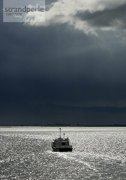 Schiff auf der Nordsee im Gegenlicht mit dramatisch dunklem Himmel  Ostfriesland  Niedersachsen  Deutschland  Europa