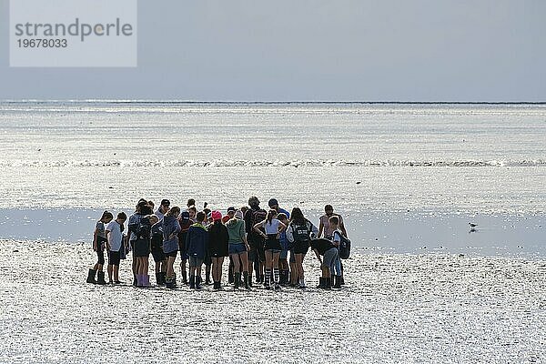 Eine Gruppe von Schülern bei einer Wattwanderung im Nationalpark Wattenmeer  Ebbe  Norddeich  Norden  Ostfriesland  Niedersachsen  Deutschland  Europa