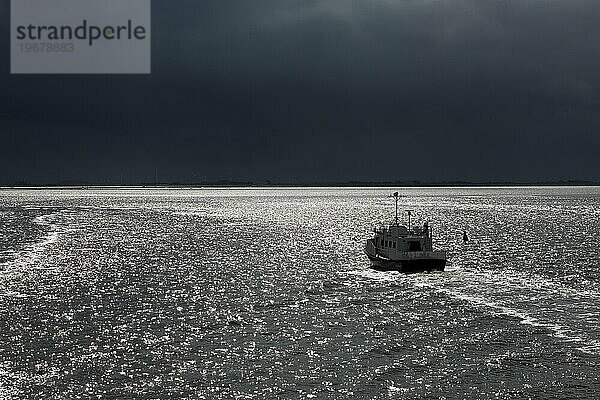 Schiff auf der Nordsee im Gegenlicht mit dramatisch dunklem Himmel  Ostfriesland  Niedersachsen  Deutschland  Europa