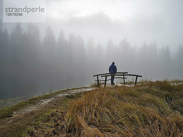 Mann blickt auf Lago d'Antorno  Bäume im Nebel  Naturpark Drei Zinnen  Dolomiten  Südtirol