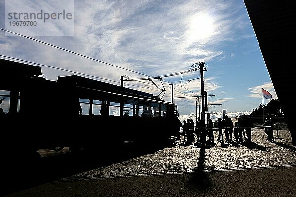 Zug in Silhouette auf Bahnhof mit Sonnenlicht in einem sonnigen Tag in Monte Generoso  Tessin  Schweiz  Europa