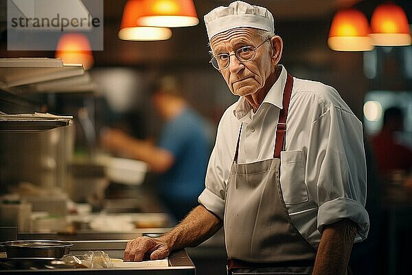 Seniorin mit strengem Blick  die in der Küche eines Schnellrestaurants arbeitet  um über die Runden zu kommen. Konzept für die Herausforderungen der sozialen Sicherheit. KI generiert