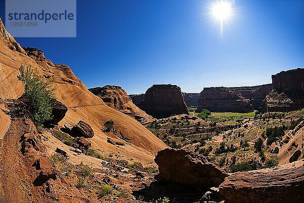 Gegenlicht  Sonne  Übersicht im Nationalpark Chelly Canyon  Arizona  USA  Nordamerika