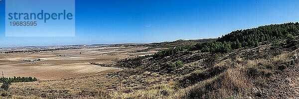 Herbstlich-trockene Landschaft Altos de la gloria nördlich von Burgos  Nähe Quintanilla Vivar  Provinz Burgos  Kastilien-León  Spanien  Feld  Landwirtschaft  blauer Himmel  Europa