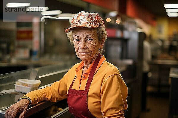 Seniorin mit strengem Blick  die in der Küche eines Schnellrestaurants arbeitet  um über die Runden zu kommen. Konzept für die Herausforderungen der sozialen Sicherheit. KI generiert