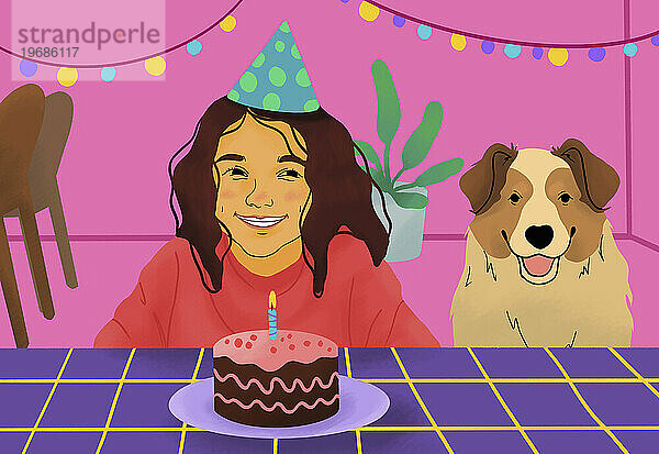 Fröhliches Mädchen mit Hund feiert Geburtstagsfeier und bereitet sich darauf vor  Kerzen auf der Geburtstagstorte auszublasen