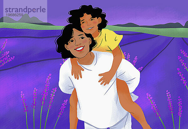 Porträt einer glücklichen Mutter  die ihre Tochter huckepack im ländlichen Lavendelfeld trägt