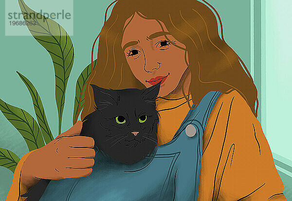 Porträt einer glücklichen jungen Frau mit Katze im Overall