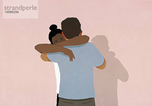 Paar umarmt sich  Freund tröstet Freundin auf rosa Hintergrund