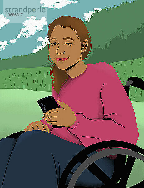 Porträt lächelnde  selbstbewusste junge Frau im Rollstuhl mit Smartphone im Park