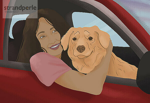Porträt einer glücklichen Frau mit Hund im Autofenster