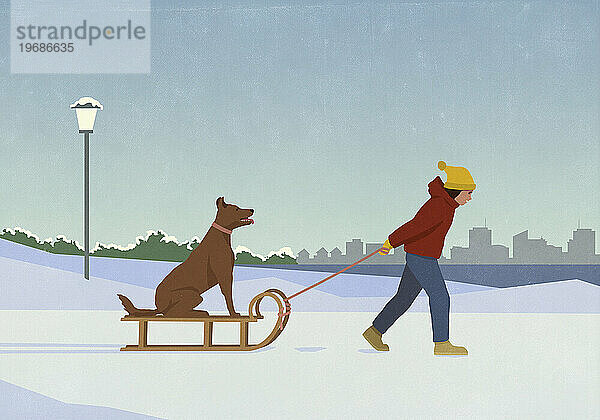 Frau zieht Hund auf Schlitten im verschneiten Winterstadtpark