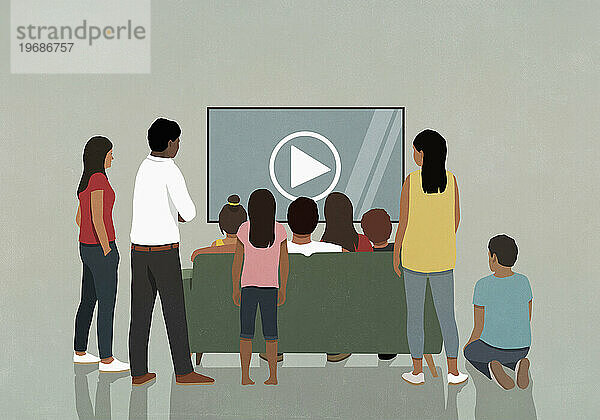 Community schaut sich ein Video mit Play-Symbol auf dem Fernsehbildschirm an