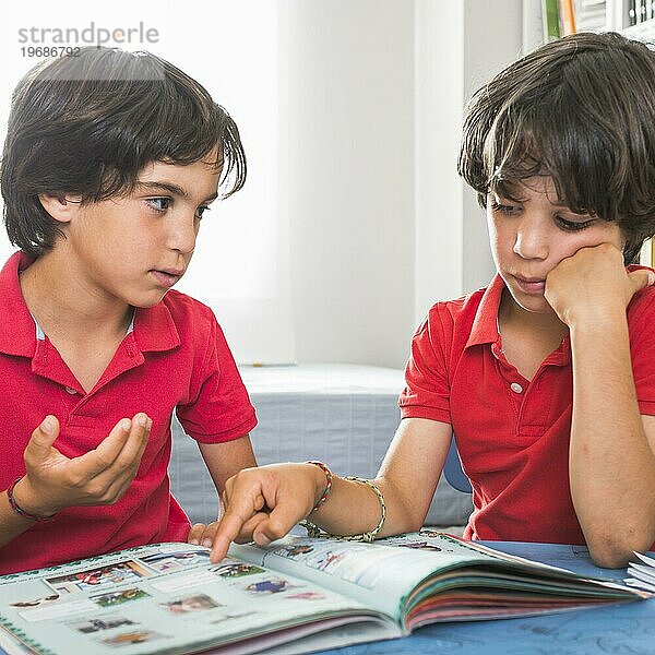 Brüder im Gespräch  sitzend mit Buch