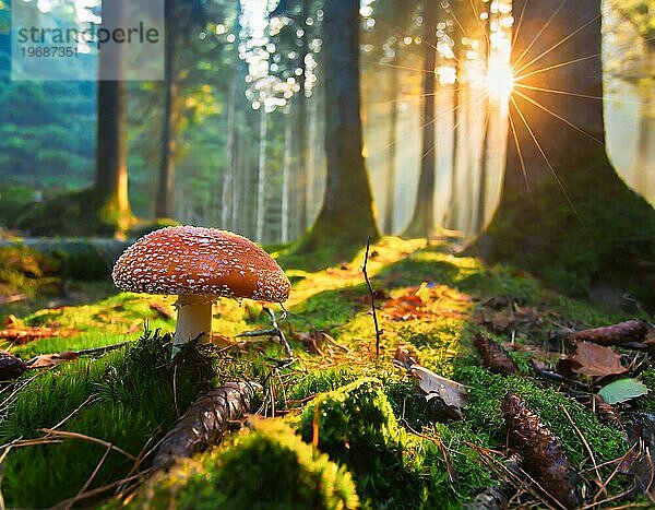 Fliegenpilz (Amanita muscaria) in einem Nadelwald  auf einem mit Moos bedeckten Waldboden bei Gegenlicht und Sonnenstern  KI generiert