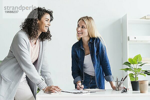 Freundliche weibliche Kollegen  die über ihre Arbeit diskutieren  lachen im Büro