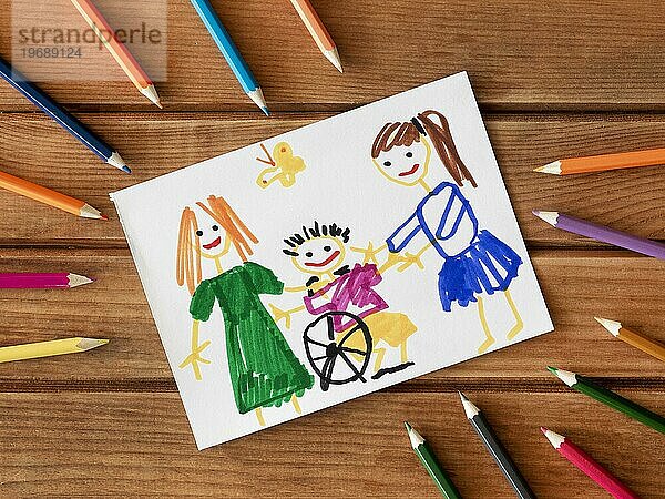 Mit Bleistift gezeichnete Freunde eines behinderten Kindes