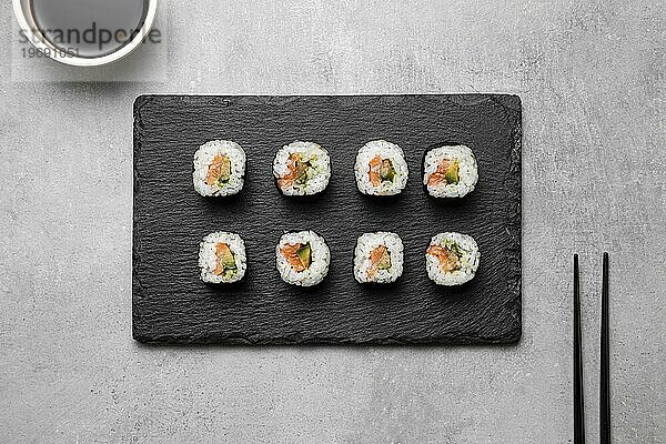 Draufsicht Sushi Brett Anordnung
