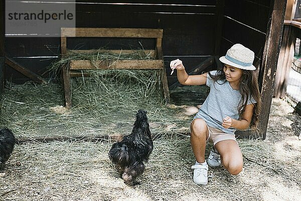 Mädchen füttert Hühner auf dem Bauernhof