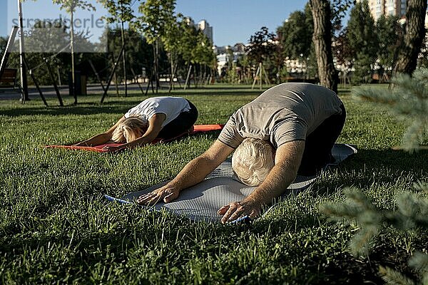 Älteres Paar macht Yoga im Freien