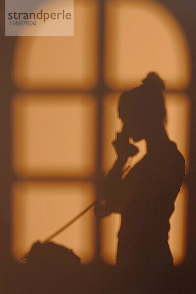 Silhouette junge Frau zu Hause mit Fensterschatten