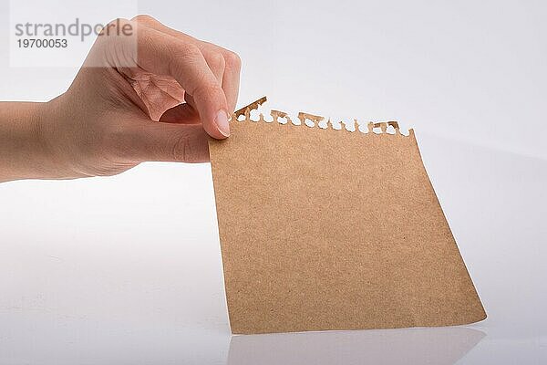 Hand hält ein Blatt Papier auf einem weißen Hintergrund