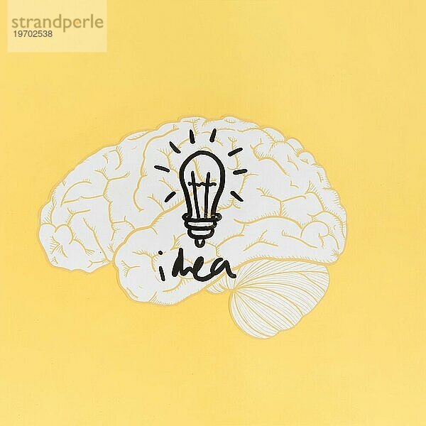 Idee Wort mit Glühbirne im Gehirn gelben Hintergrund