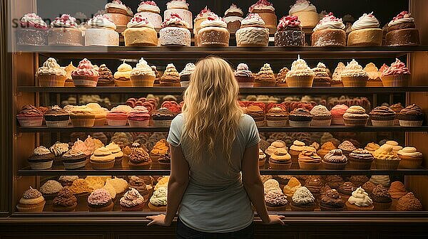 Junge erwachsene Frau inmitten von hoch aufragenden Regalen mit köstlichem Gebäck  Kuchen und Backwaren. generative AI