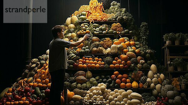 Junger erwachsener Mann greift nach frischem Obst und Gemüse aus einer riesigen Auslage mit unendlich vielen Sorten frischen Obstes und einer reichhaltigen Auswahl an buntem Gemüse. generative AI